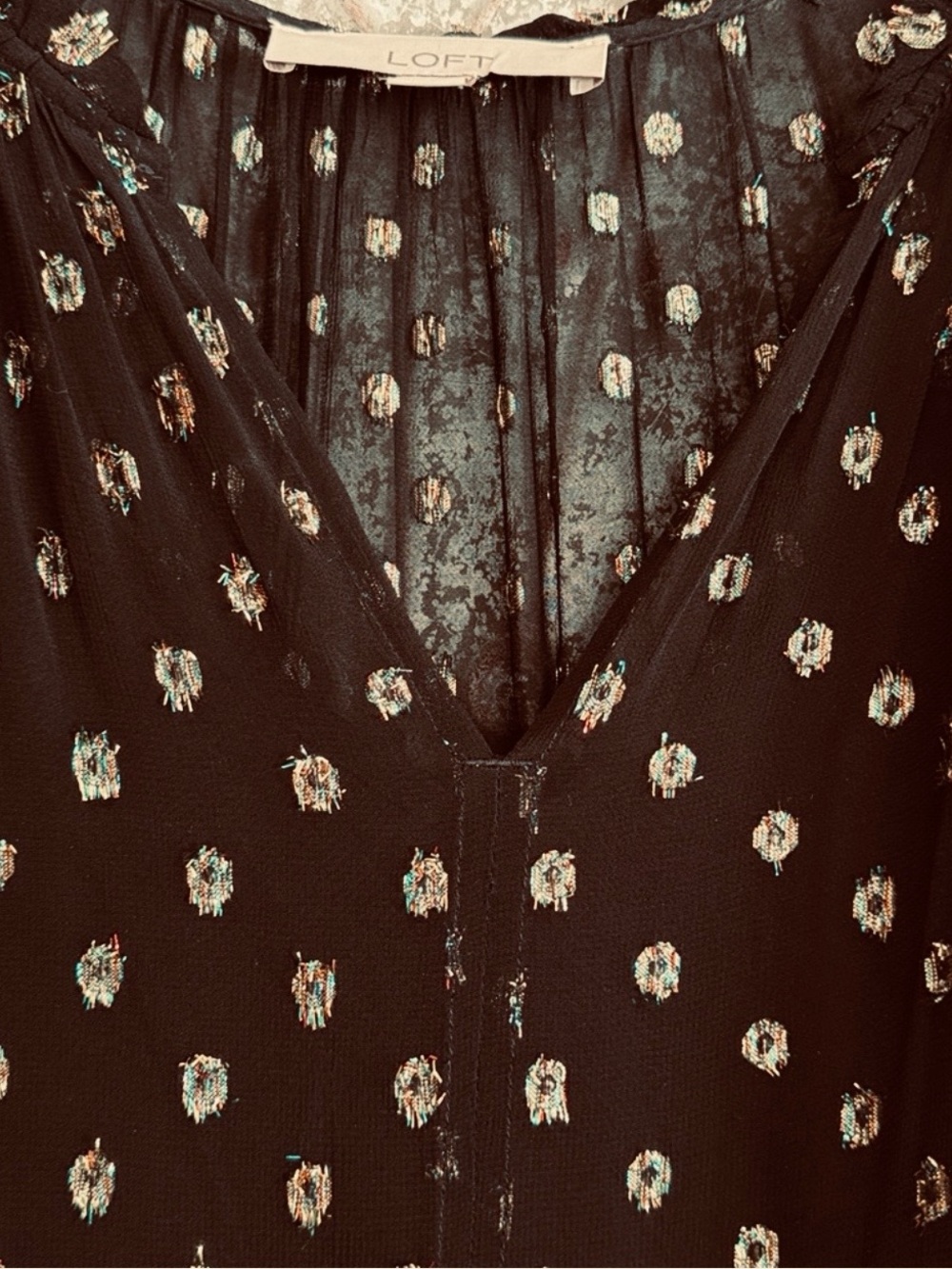 LOFT Black Sheer Long Sleeve Midi Tiered Babydoll Dress w/ metallic Gold tinsel - Picture 7 of 9